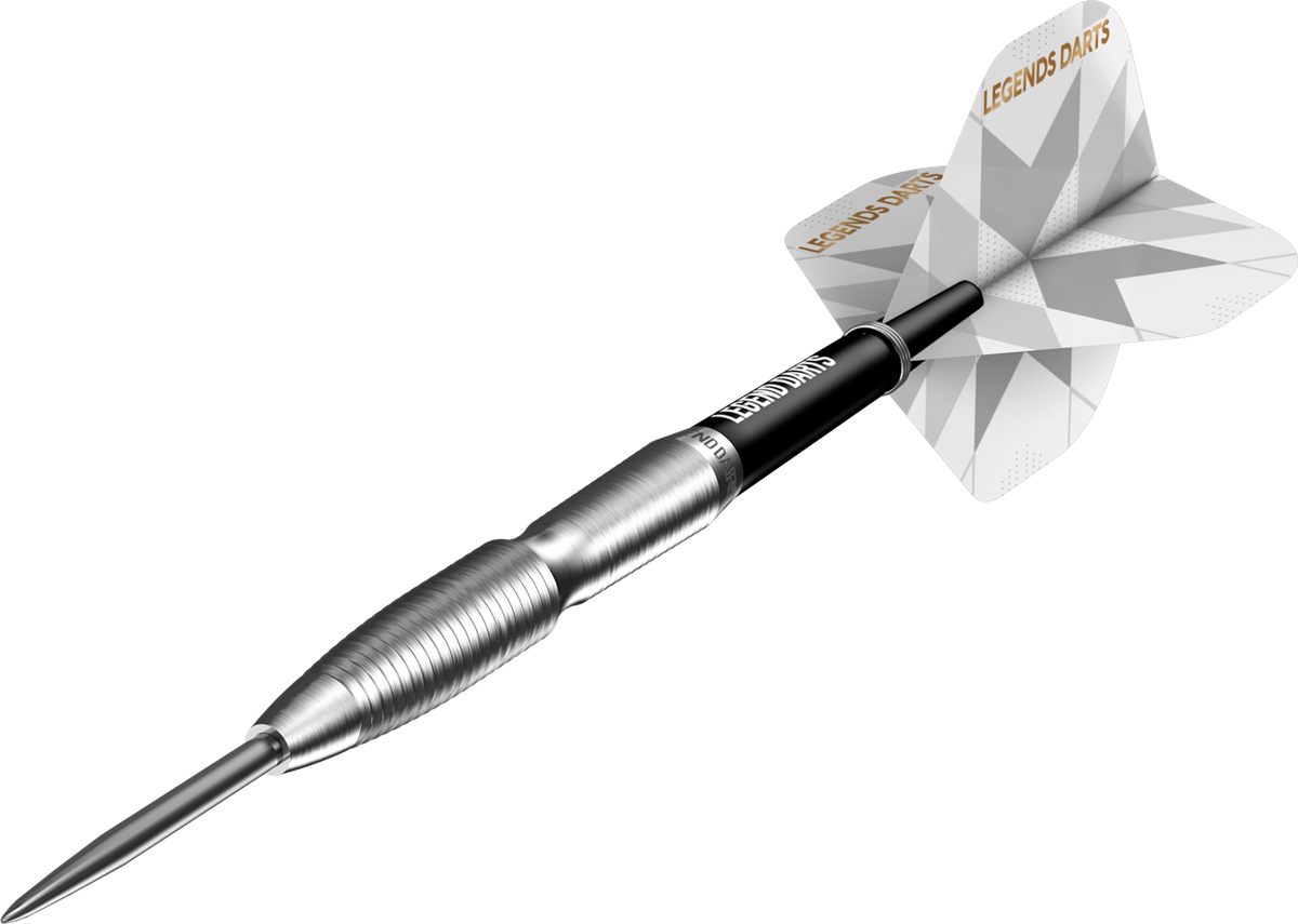 Pro Series V10 Rear Shark steel tip darts, 90% tungsten, barrel at an angle