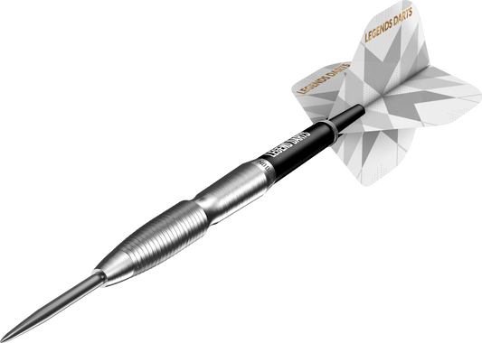 Pro Series V10 Rear Shark steel tip darts, 90% tungsten, barrel at an angle