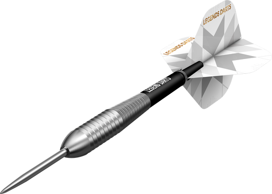 Pro Series V25 Shark Bomb steel tip darts, 90% tungsten, barrel at an angle