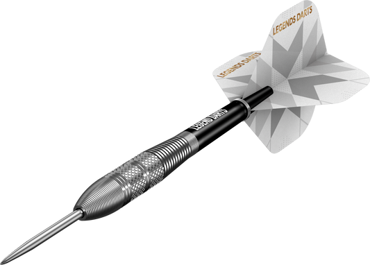 Pro Series V34 Knurl Micro Mix steel tip darts, 90% tungsten, barrel at an angle