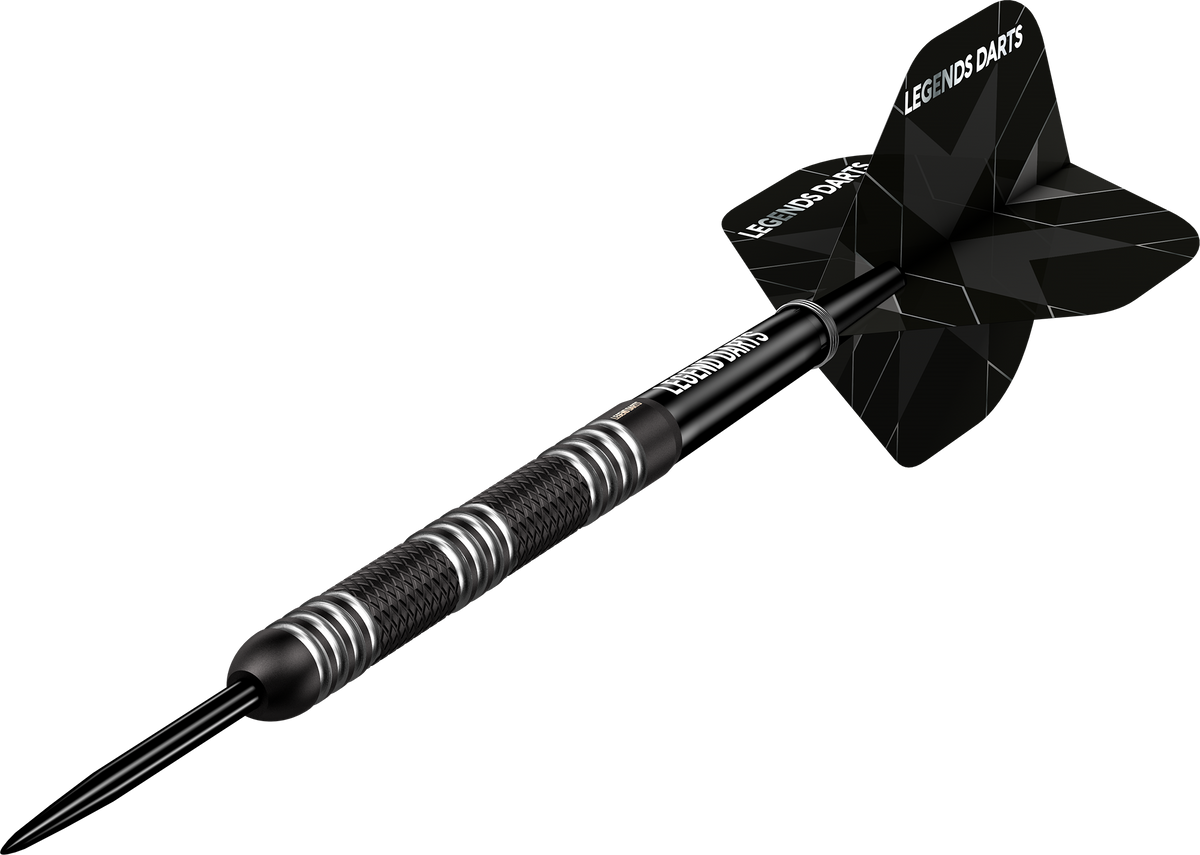Evolution B02 Straight Knurled steel tip darts, 90% tungsten, barrel at an angle