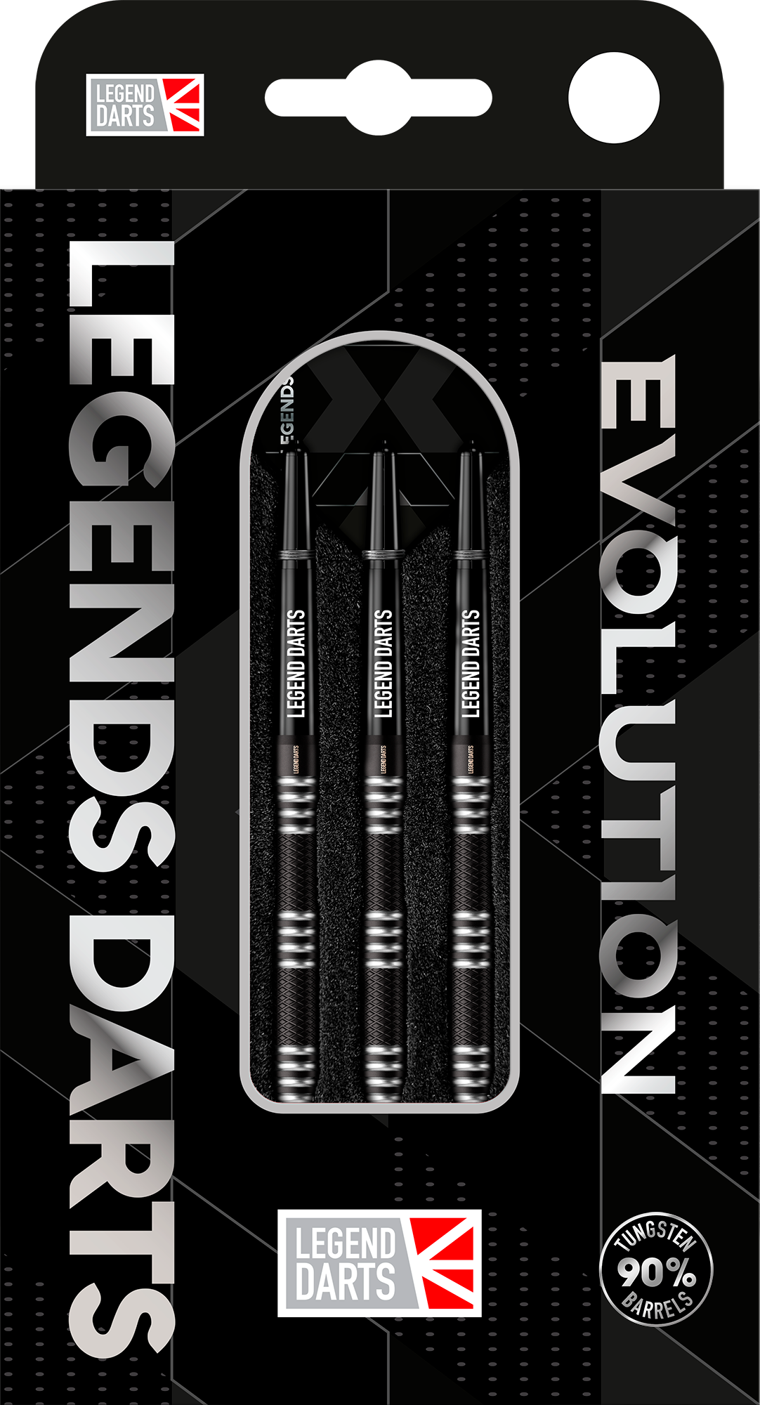Evolution B02 Straight Knurled steel tip darts, 90% tungsten, retail pack front