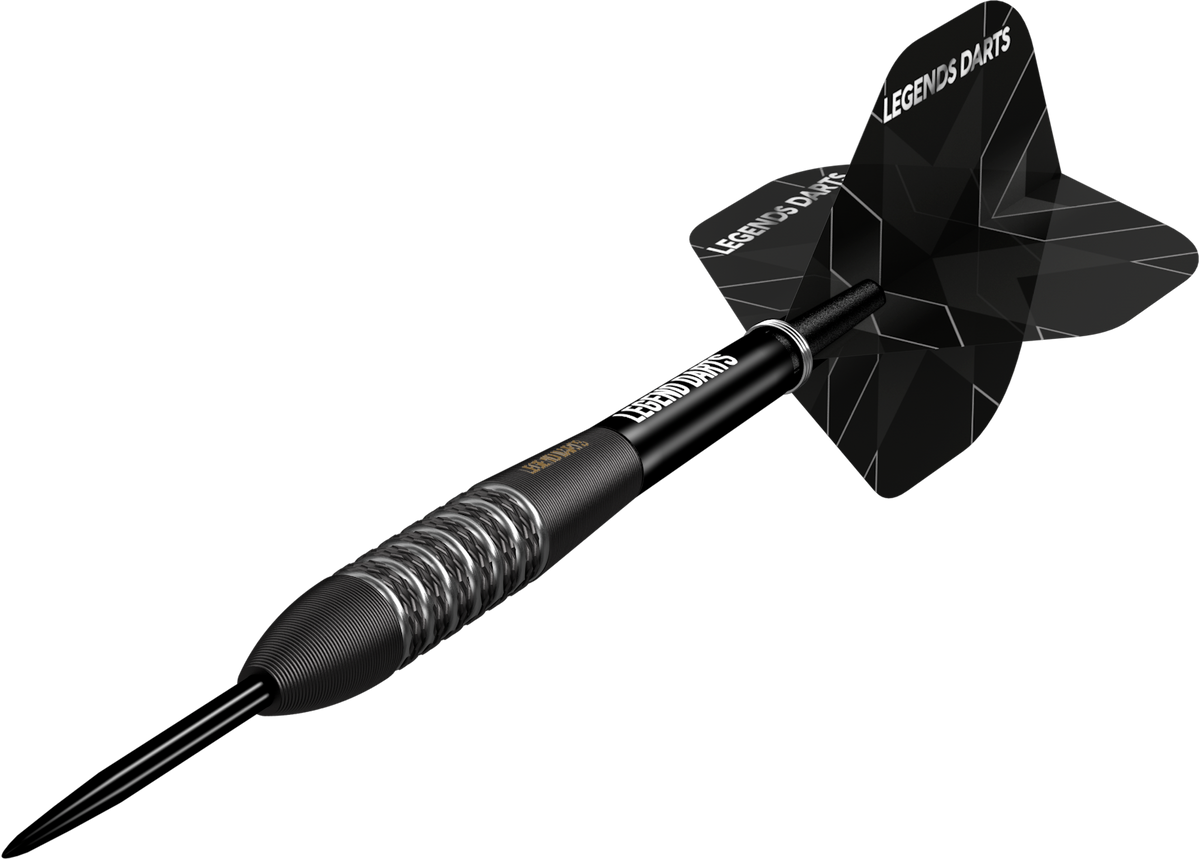 Evolution B09 Knurled Bomb steel tip darts, 90% tungsten, barrel at an angle