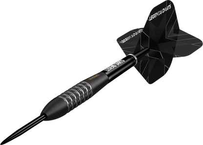 Evolution B09 Knurled Bomb steel tip darts, 90% tungsten, barrel at an angle