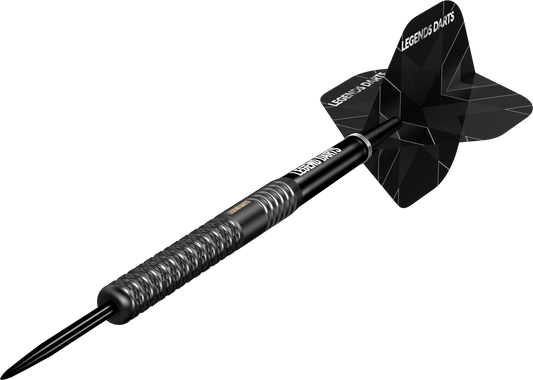 Evolution B10 Front Knurl steel tip darts, 90% tungsten, barrel at an angle