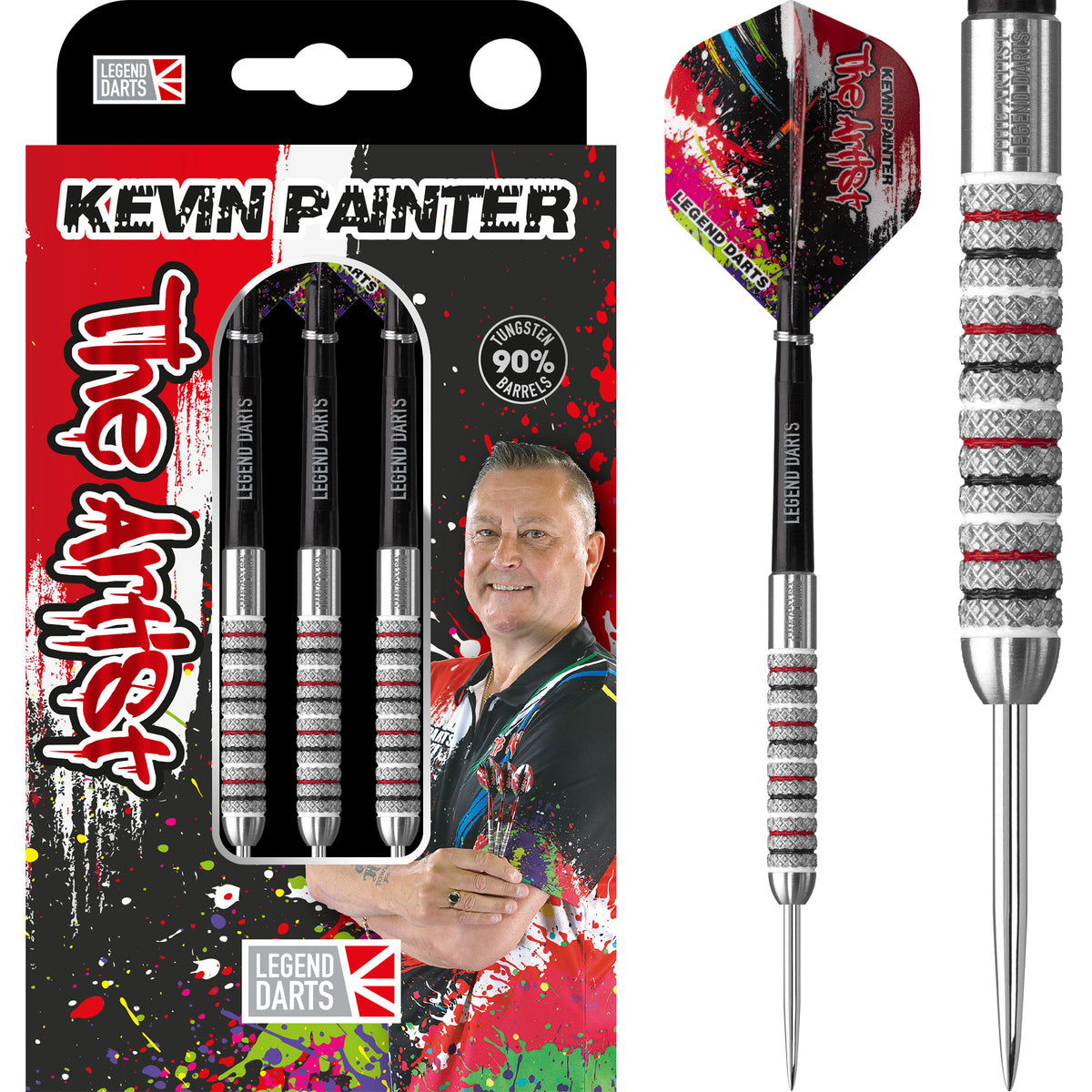 Kevin 'The Artist' Painter Knurled steel tip darts, 90% tungsten, complete dart with retail pack